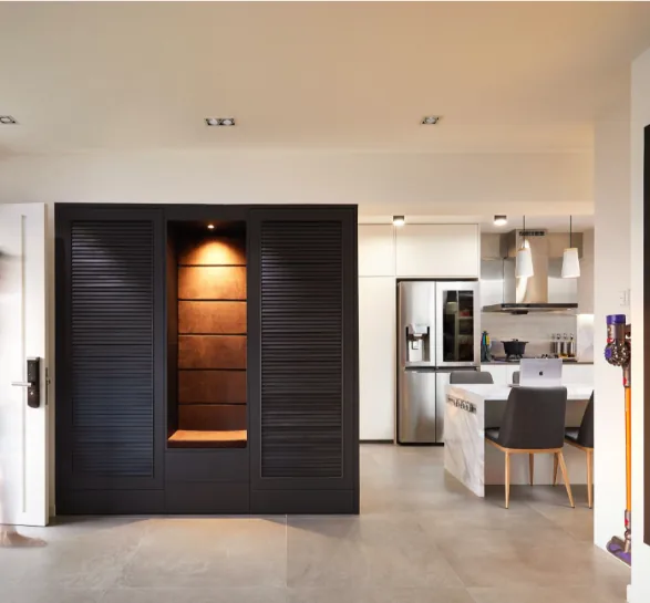 Living room and kitchen space planning in a 4-Room resale HDB flat at Serangoon Central by Singapore Interior Designers The Local INN.terior