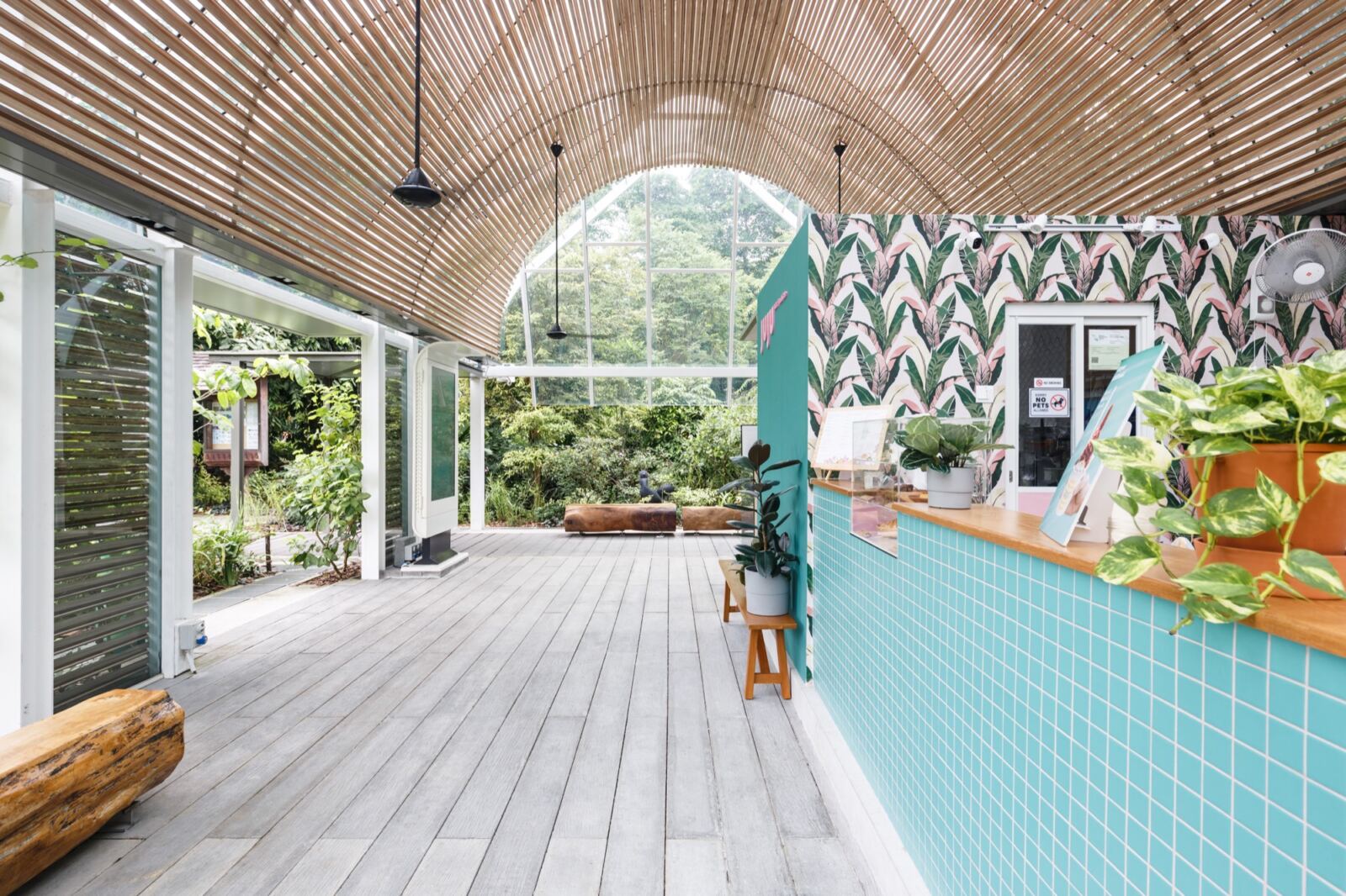 Juju cafe commercial interior with botanical wall finish, tiled service counter and timber canopy by The Local INN.terior